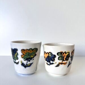 Pair‎ of Vintage Studio Pottery Cups Floral Ceramic Signed Art Deco Handmade